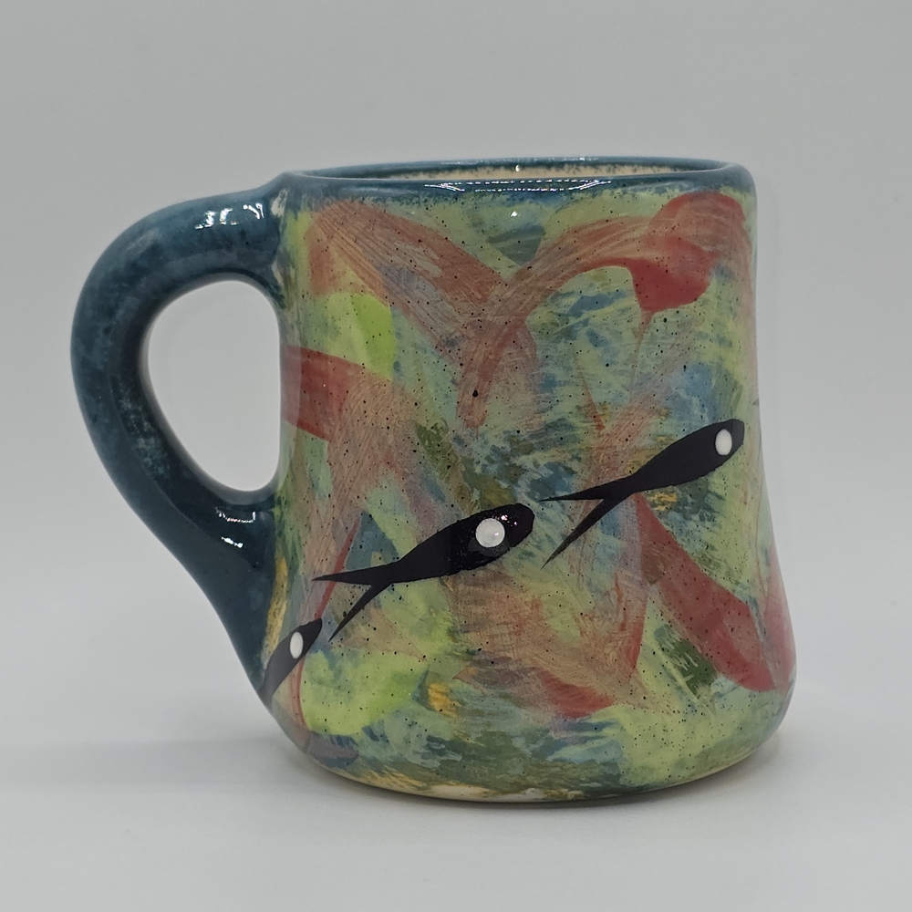 Jobi Pottery Signed School of Fish Mug Hand Painted Studio Art USA Made